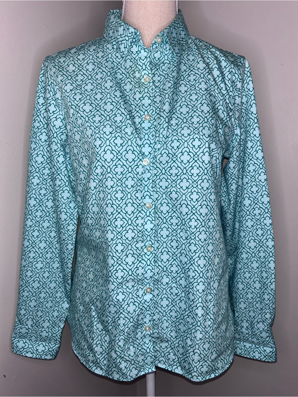 Lands End NWOT no-iron mint green geo print long sleeve buttondown shirt size 10